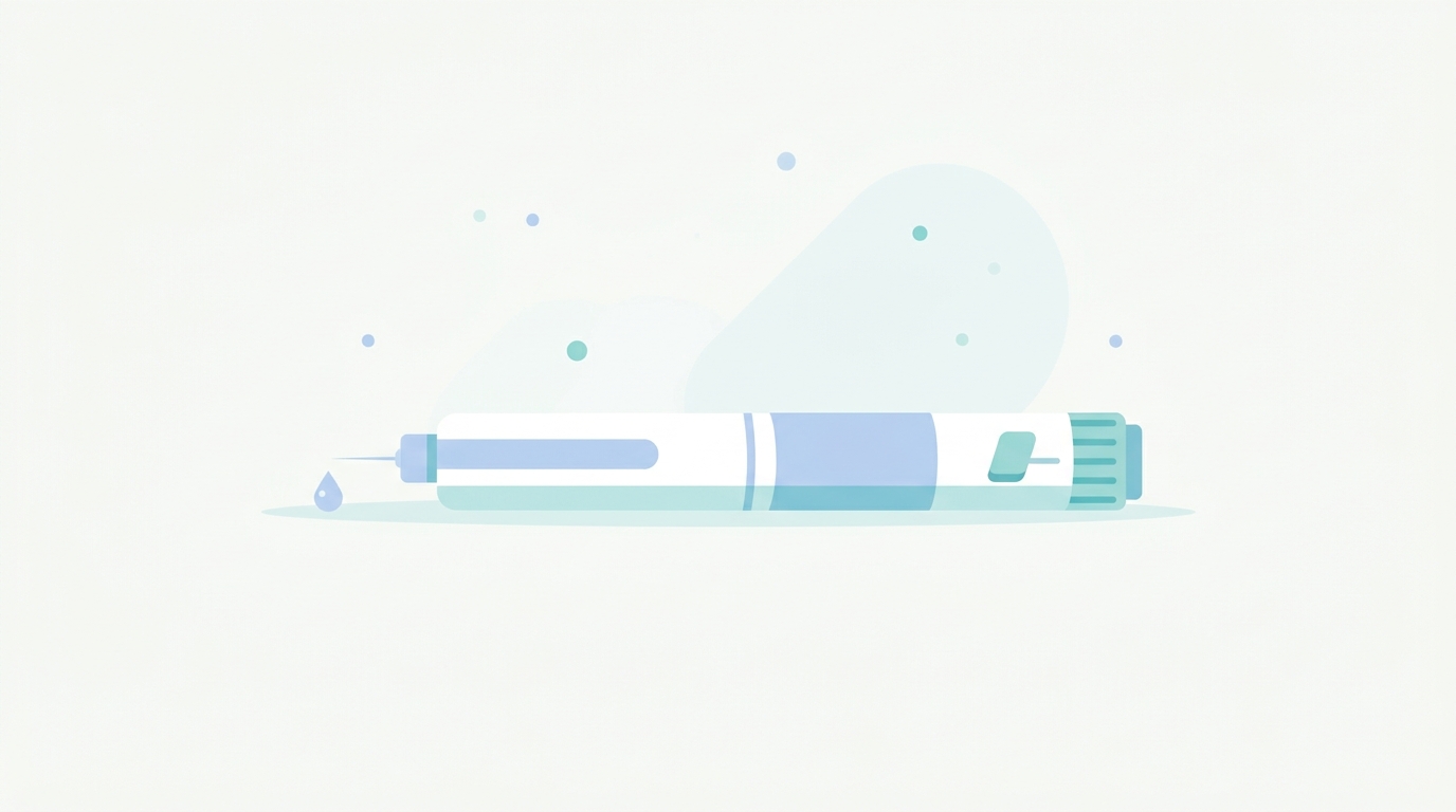 Minimalistische illustratie van een Ozempic injectiepen met zachte pastelblauwe accenten