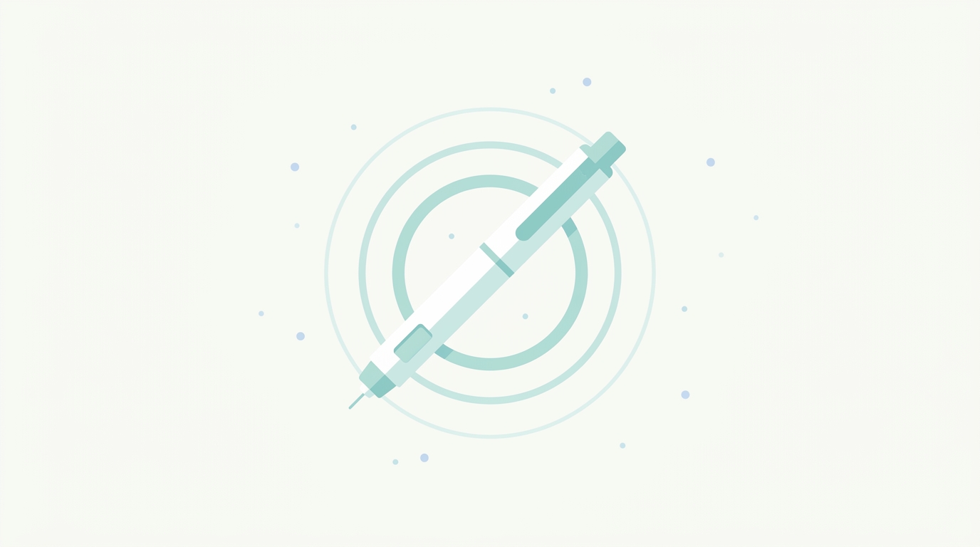 Minimalistische illustratie van een Mounjaro injectiepen met twee zachte rimpelringen die het duale GIP/GLP-1 werkingsmechanisme symboliseren