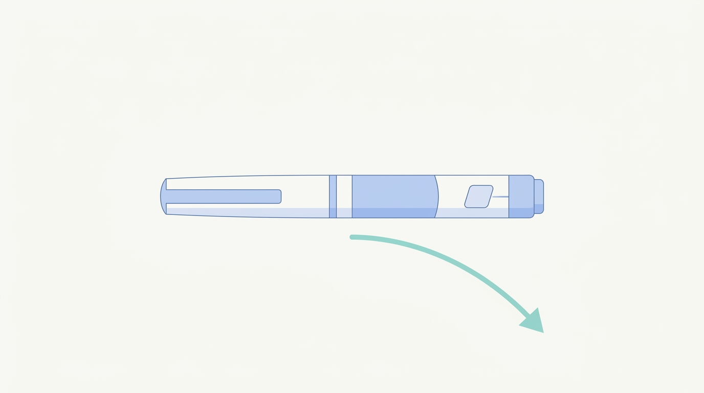 Minimalistische illustratie van een Wegovy injectiepen met een zachte dalende pastelteal trajectorie die gewichtsverlies symboliseert